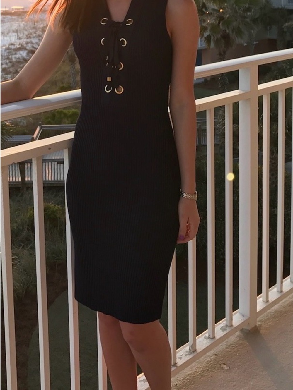 MICHAEL Michael Kors Navy Lace Up Ribbed Knit Midi Dress XS